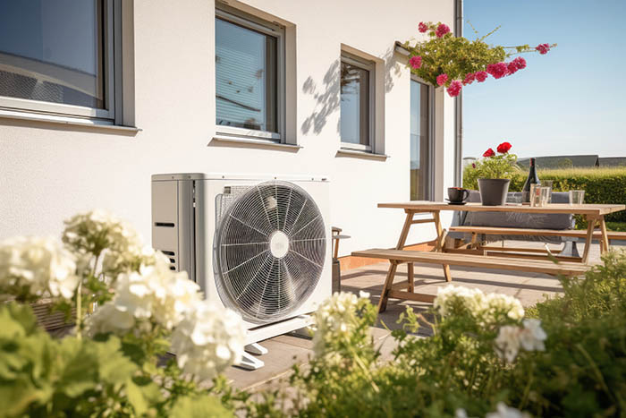 Technicien inspectant une pompe à chaleur installée sur une terrasse