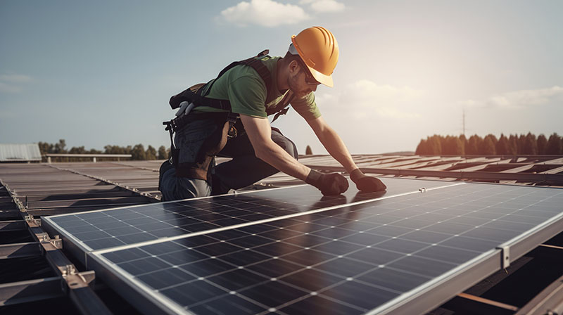 Ouvrier posant des panneaux solaires sur un toit