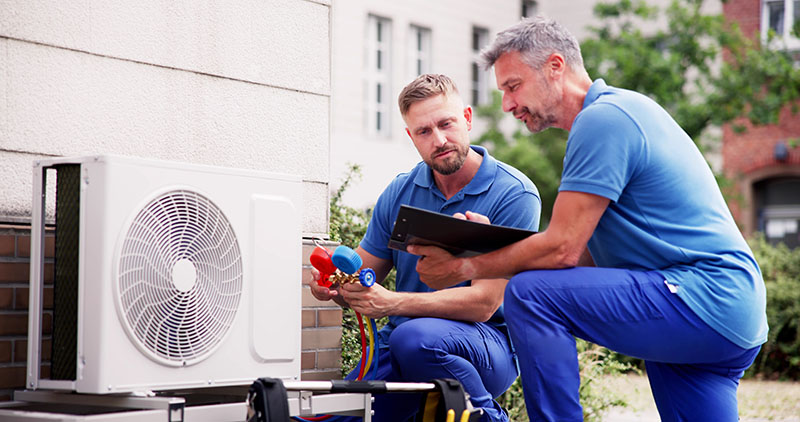 Techniciens effectuant la maintenance d'une pompe à chaleur air-air