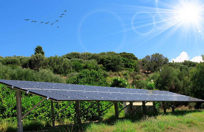 Panneau solaire au sol avec réverbération solaire.