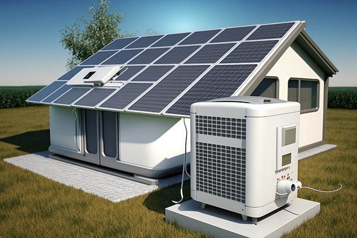 Schéma illustrant l'interaction entre une pompe à chaleur et des panneaux solaires sur une maison